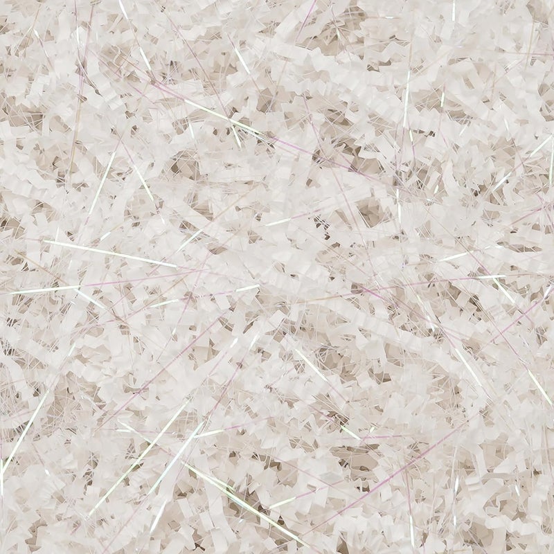 ROSYJUNE 8oz White Crinkle Cut Paper Shred Filler, Iridescent Easter Grass Confetti Shredded Paper for Gift Baskets Boxes Filling, Birthday Wedding Valentines Day Decoration - Image 1